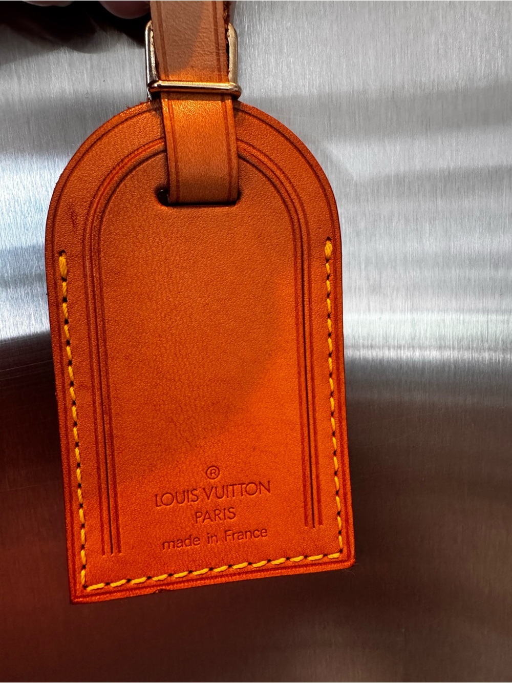 Louis Vuitton Orange Leather Luggage Tag with Contrast Stitching